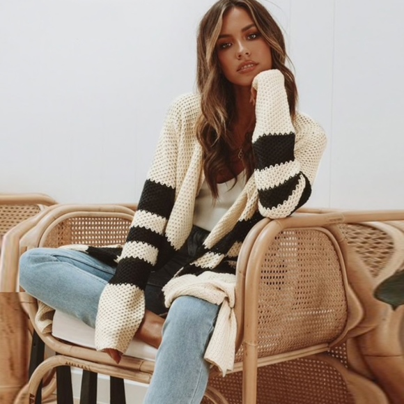 Long Open Cardigan Knit Striped Off White - Picture 3 of 9